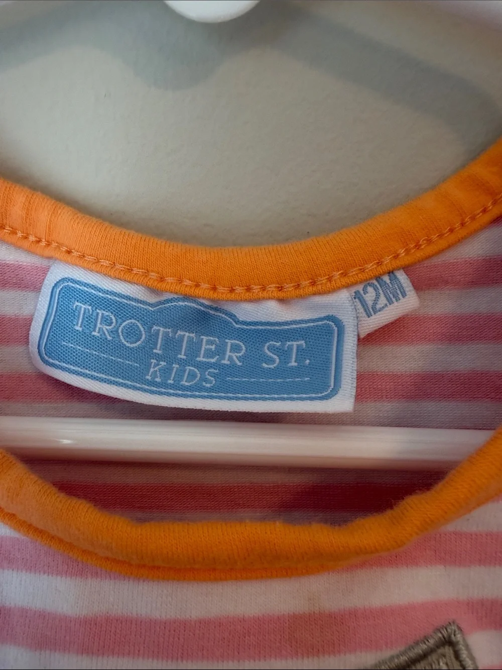 Trotter Street Kids pink  & White Striped Dress with Orange Trim and Applique